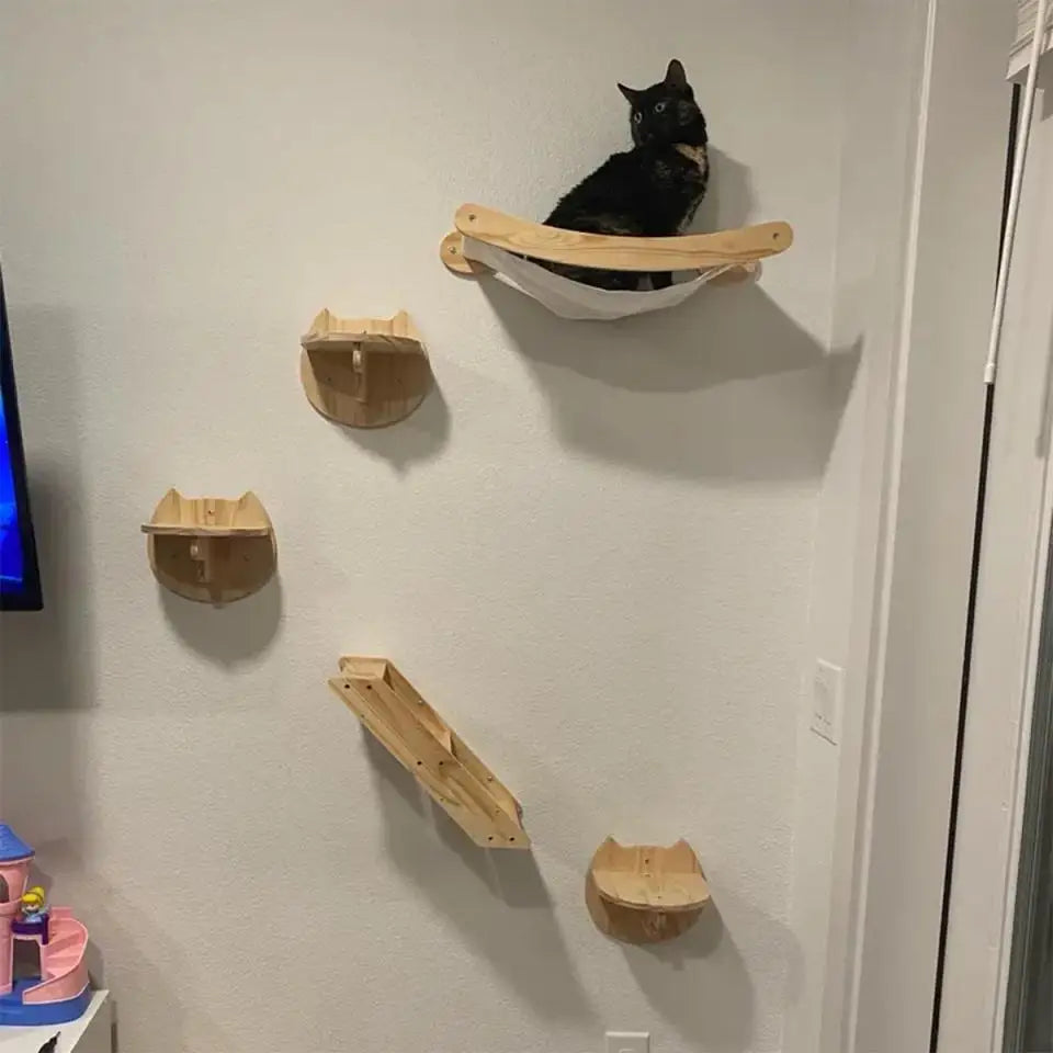 Wall-Mounted Wooden Cat Shelves with Sisal Post & Hammock