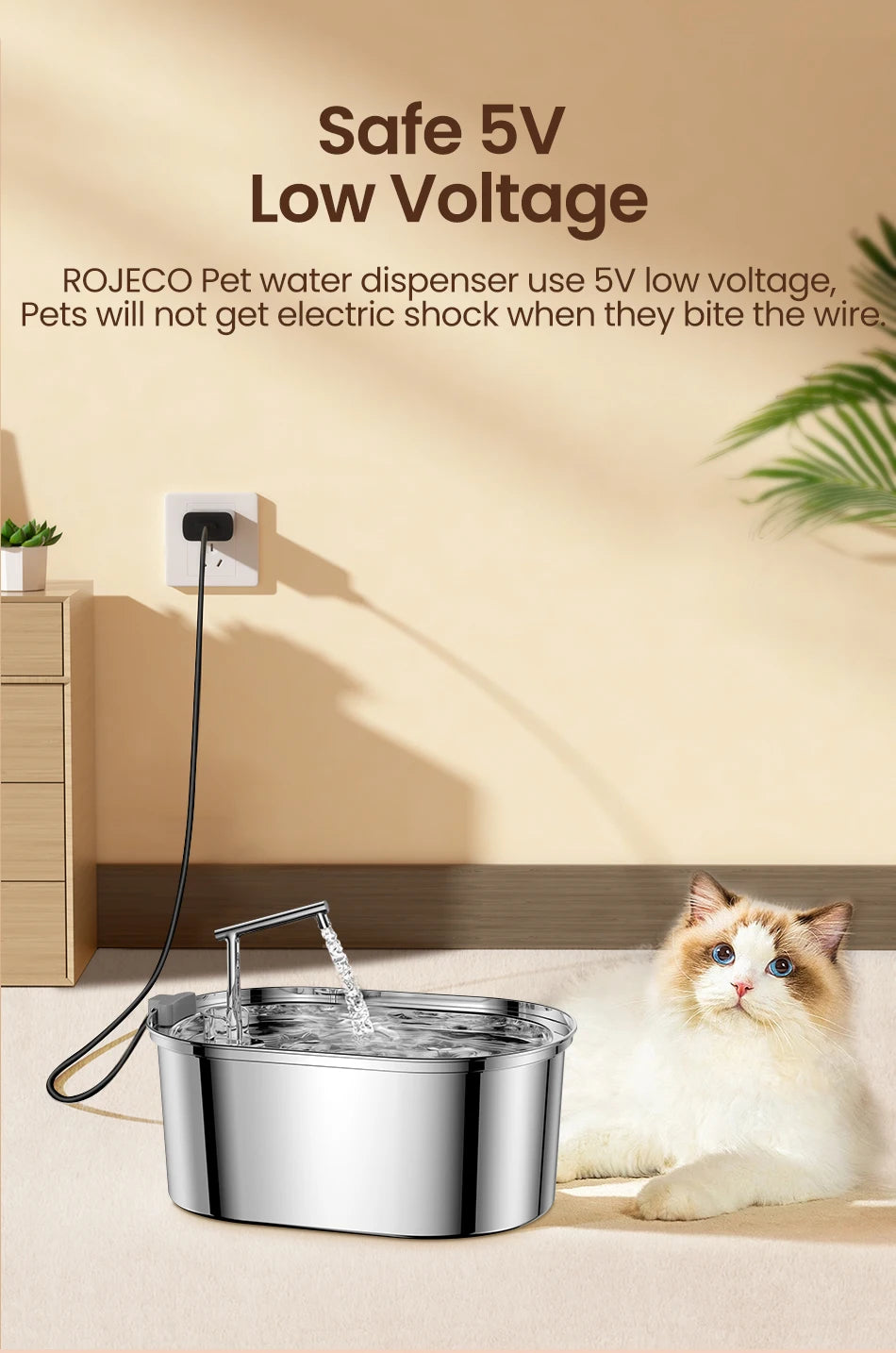 ROJECO Stainless Steel Cat Water Fountain – Auto Drinker with Pump for Cats & Dogs