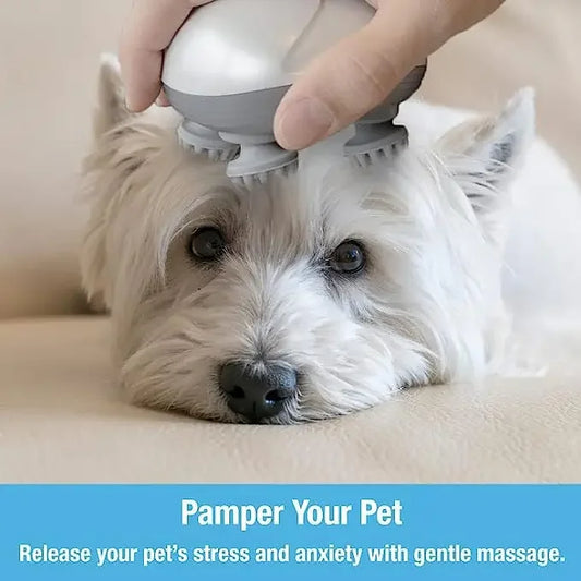 Waggy Tail electric pet massager with deep tissue scalp and neck massage for cats and dogs, shown in use on a pet.