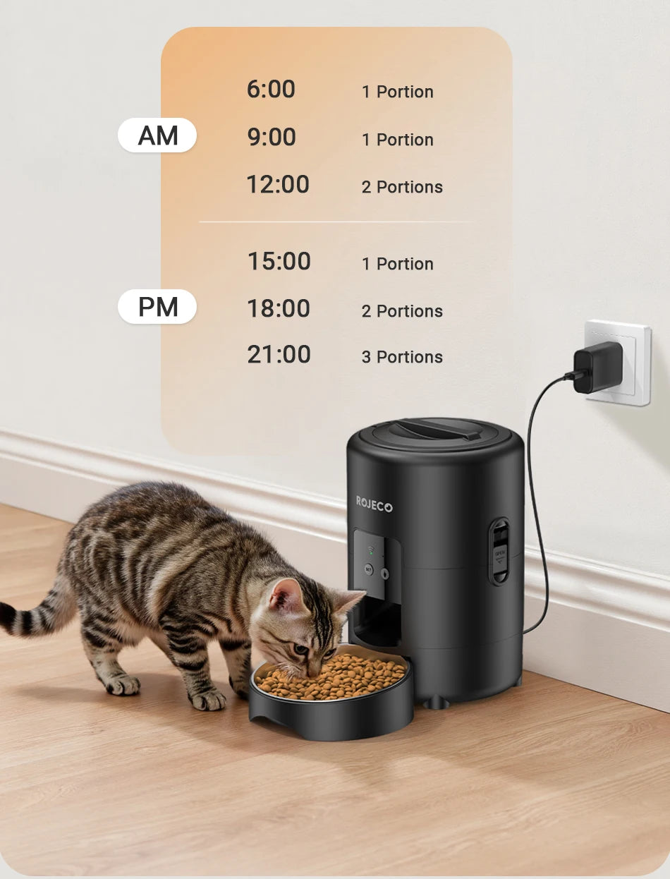 ROJECO 2L Auto Cat Feeder – WiFi App, Voice Recorder, Timed Kibble Dispenser