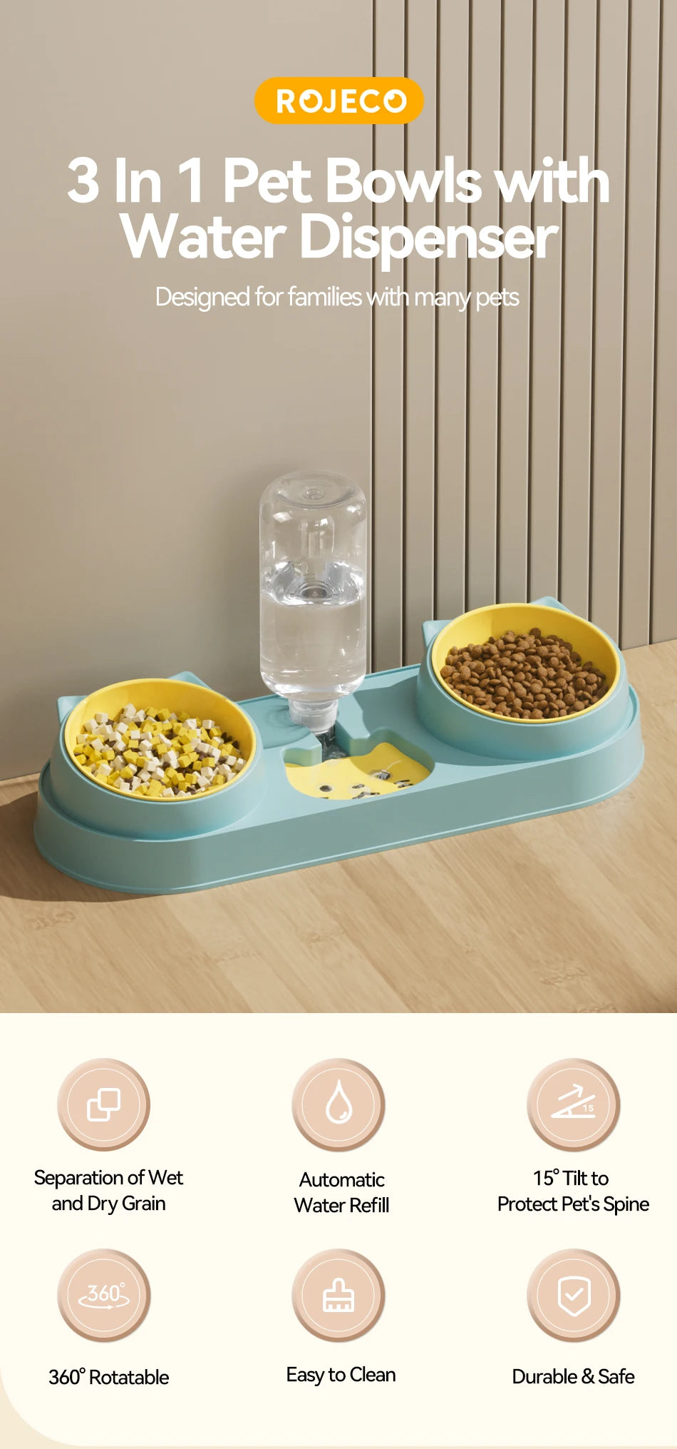 ROJECO 3-in-1 Pet Bowl Set – Auto Water Refill, Dual Feeding Bowls, Dry & Wet Separation