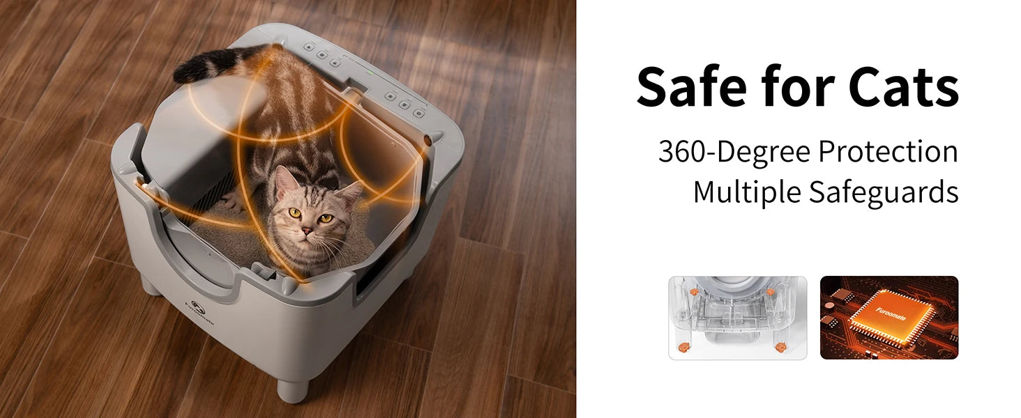 Waggy Tail smart self-cleaning open-top cat litter box with odor control and safety sensors, designed for easy cleaning and odor management.