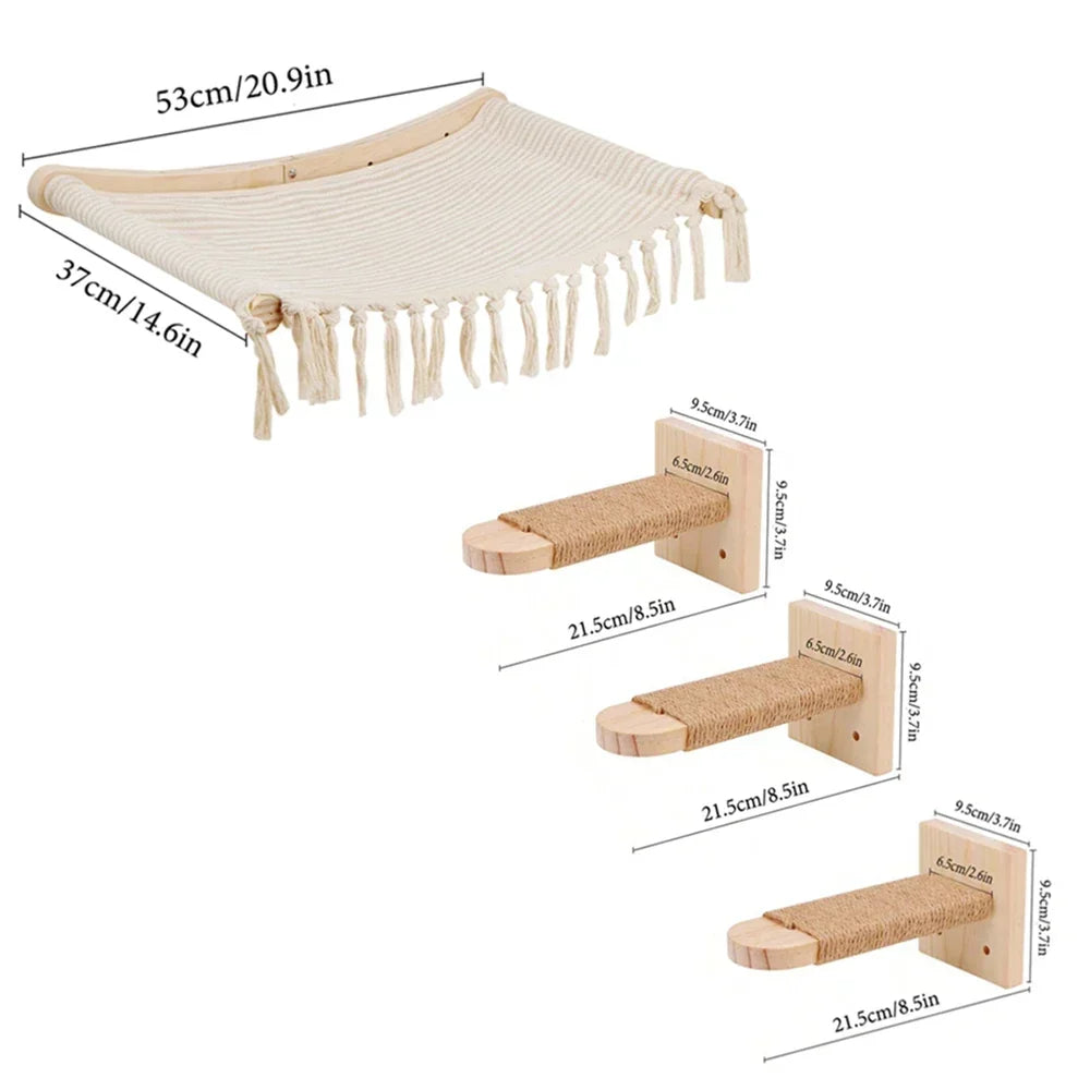 Solid Wood Wall-Mounted Cat Climbing Tower with Hammock