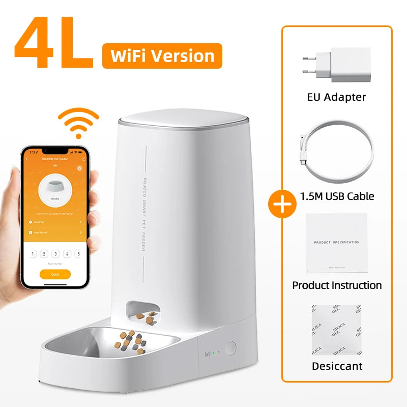 ROJECO Auto Cat Feeder – WiFi App, Remote Control, Dry Food Dispenser for Cats & Dogs