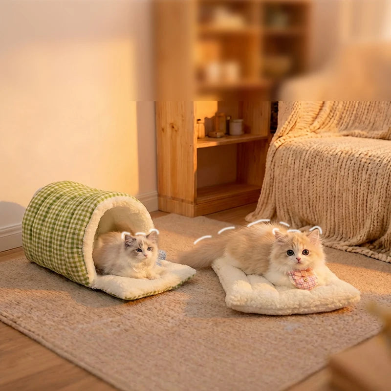 Winter Warm Cat Bed - Large Winter Sleeping Bag Suitable for Adult Cats or 2 Kittens Removable Multi-Use Enclosed Bed with Cover