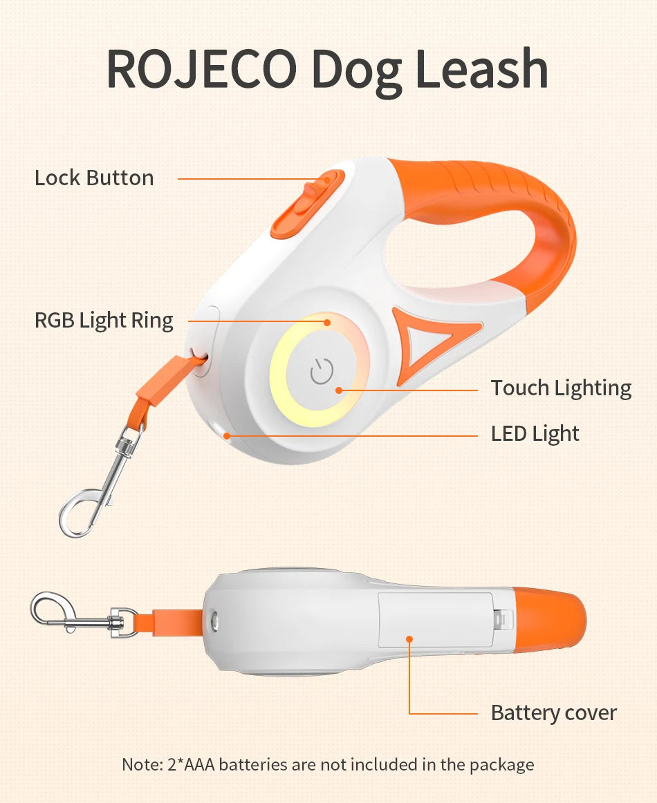 ROJECO 5M Automatic Dog Leash Retractable LED Luminous Leading Fashion Light Straps For Dog Puppy Pet Flexi Walking Running Lead