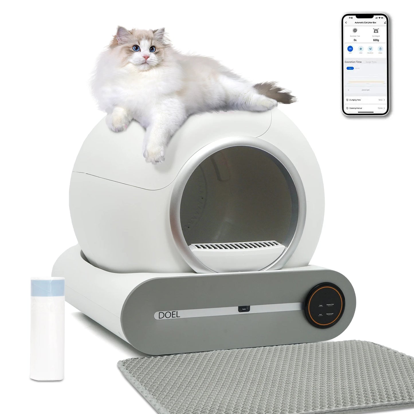 Smart Self-Cleaning Cat Litter Box 65L – WiFi App Control, Trash Bag & Litter Mat Included