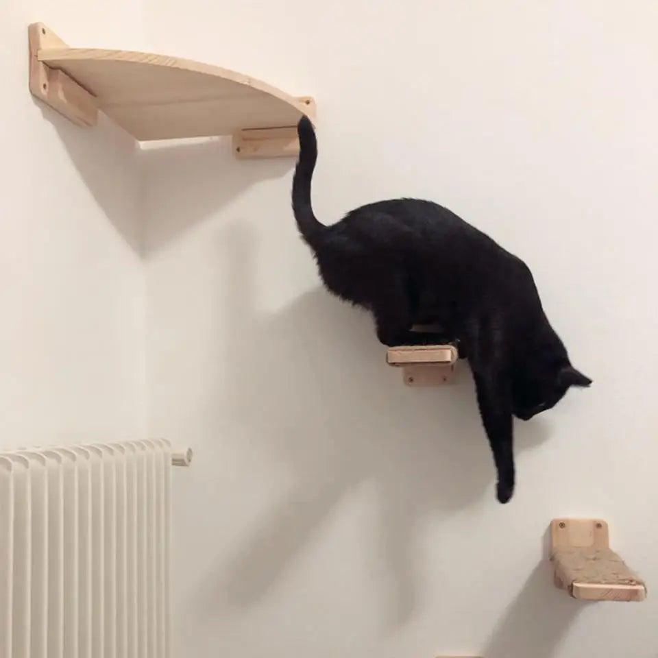 Wooden Cat Tree Tower Cat Climbing Scratching Post Stairs Hammock Hiding House Indoor Playground Cat Walkway Wall Pet Furniture
