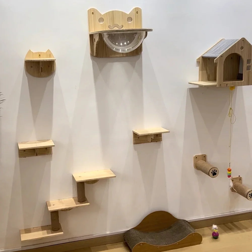 Wooden Cat Tree Tower Cat Climbing Scratching Post Stairs Hammock Hiding House Indoor Playground Cat Walkway Wall Pet Furniture