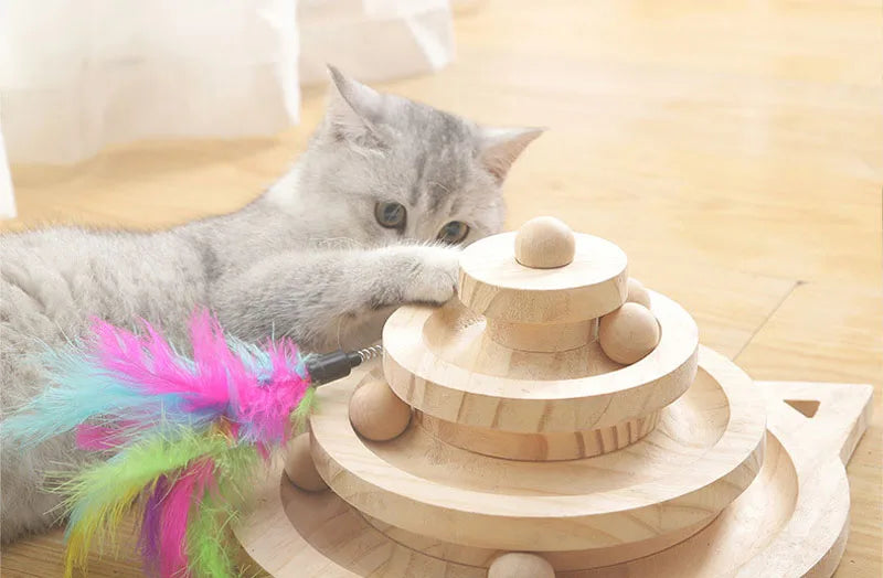 Wooden Multi-Level Cat Tower Track – Intelligence Amusement & Ball Training Toy