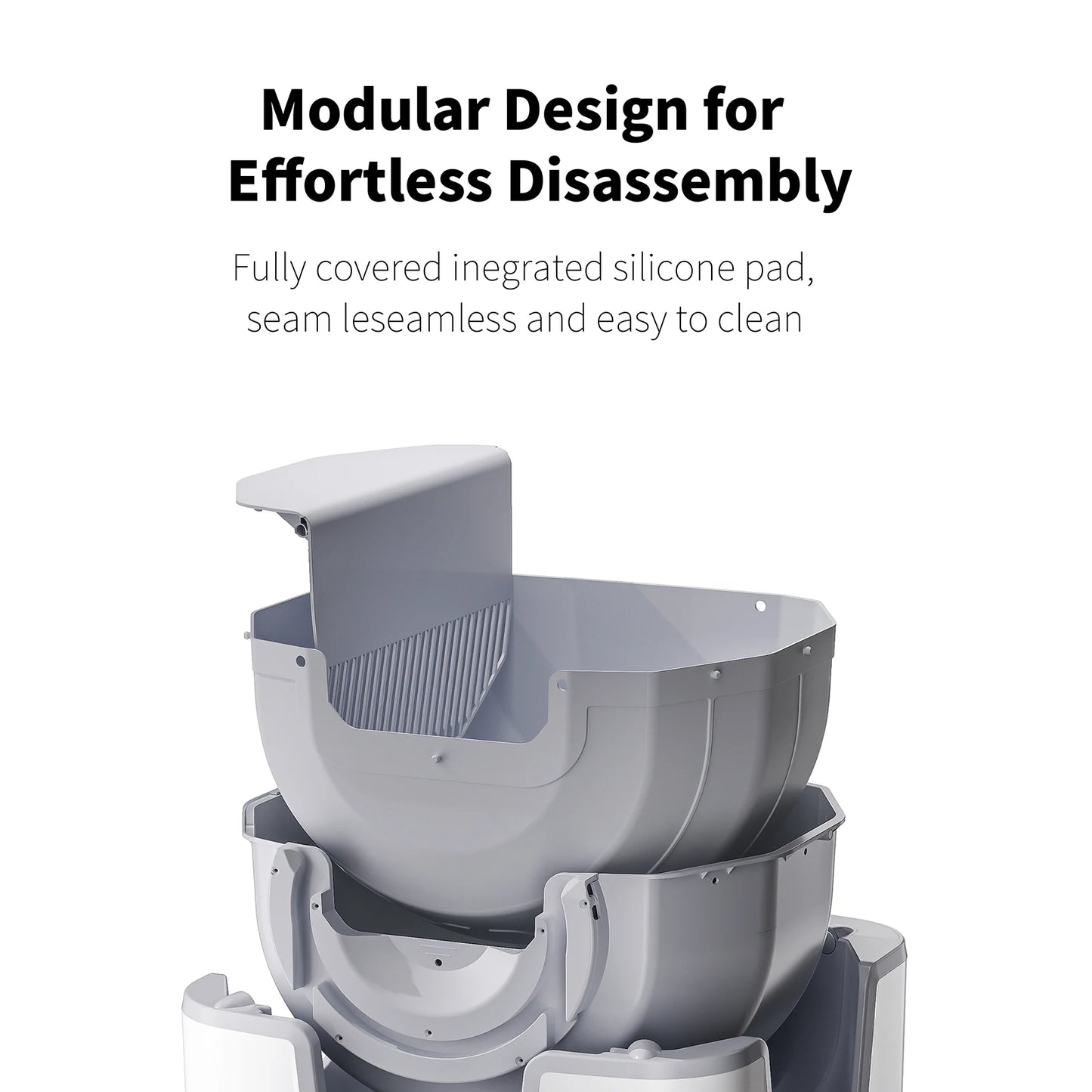 Waggy Tail smart self-cleaning open-top cat litter box with odor control and safety sensors, designed for easy maintenance.