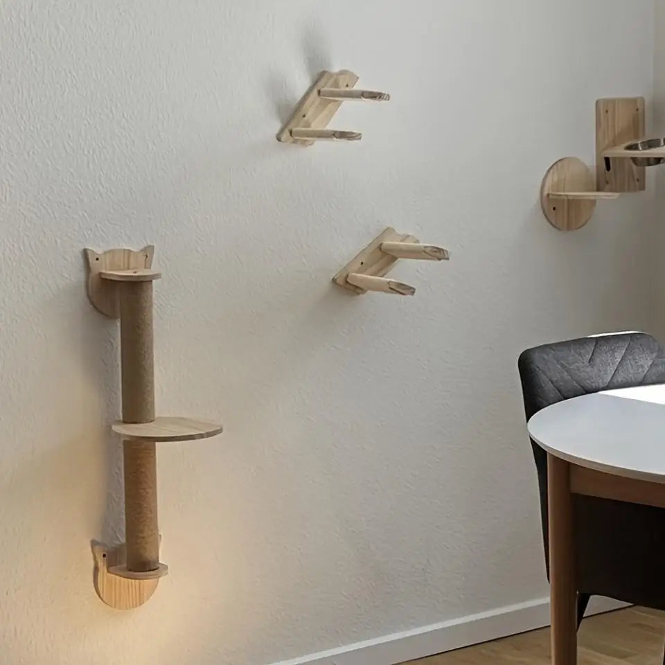 Wall-Mounted Wooden Cat Shelves with Sisal Post & Hammock