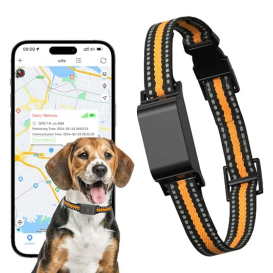 GPS dog tracker for medium/large dogs, durable silicone strap, black, 3-level virtual fences, 7-day battery, IP66 water resista