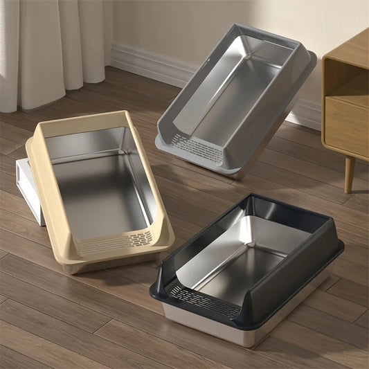 Large semi-enclosed stainless steel cat litter box with removable lid, designed for easy cleaning and odor control.