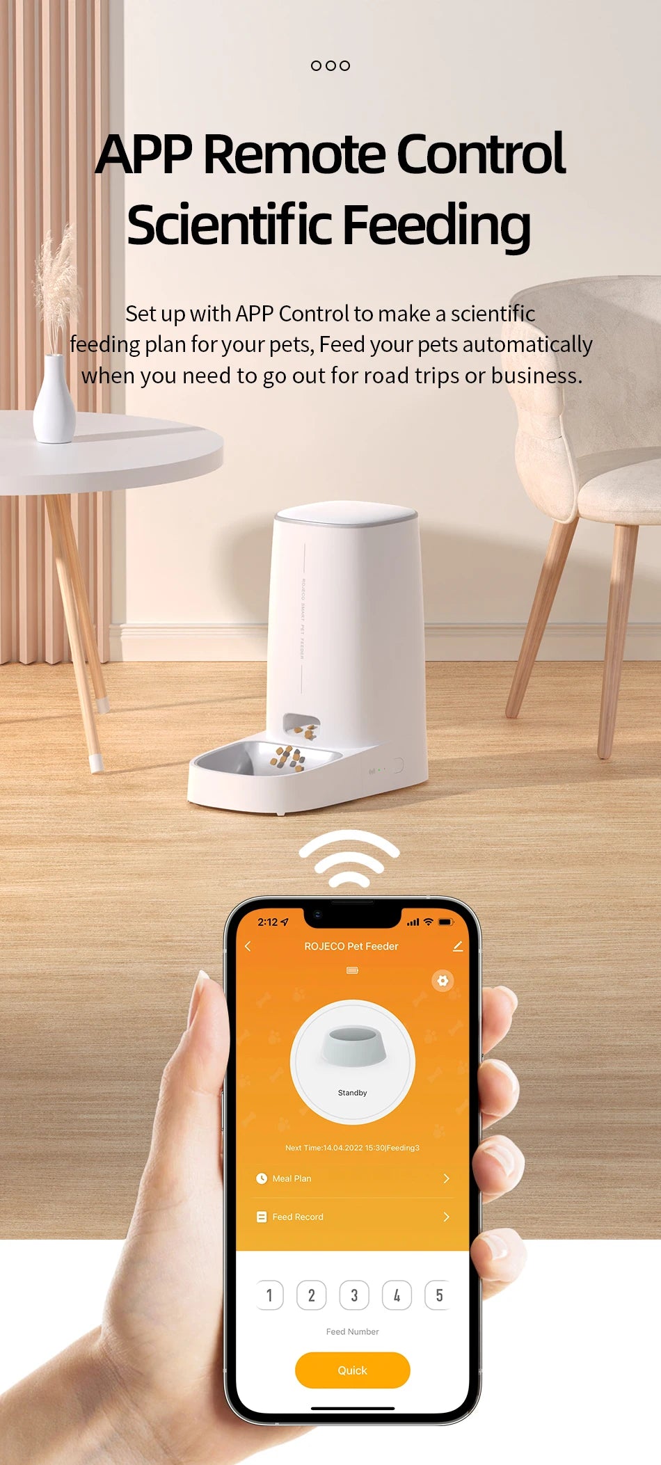 ROJECO Auto Cat Feeder – WiFi App, Remote Control, Dry Food Dispenser for Cats & Dogs