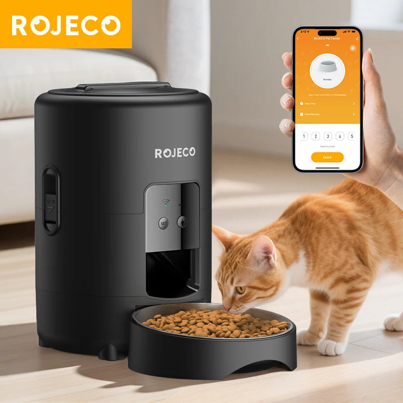 ROJECO 2L Auto Cat Feeder – WiFi App, Voice Recorder, Timed Kibble Dispenser