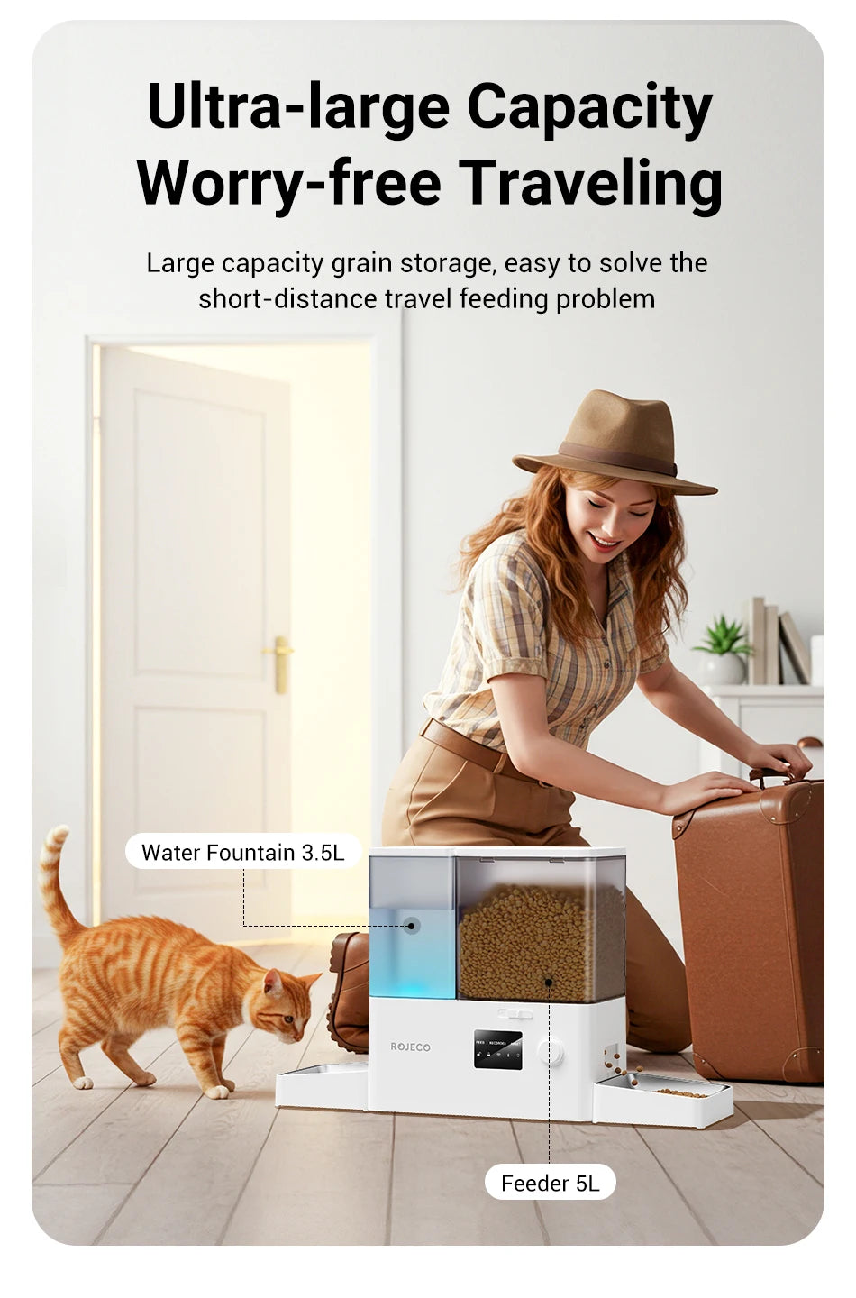 ROJECO 8.5L Auto Pet Feeder & 3.5L Water Fountain – WiFi App, Gravity Drinker