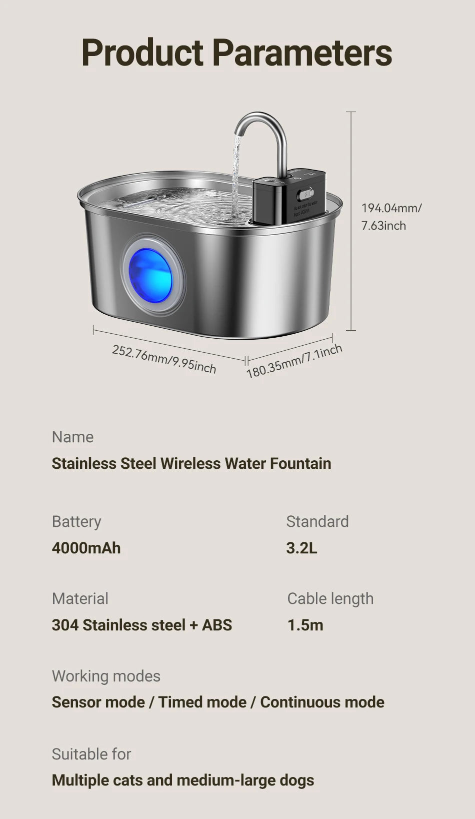 ROJECO 3.2L Stainless Steel Cat Water Fountain – Wireless Sensor, 4000mAh Battery