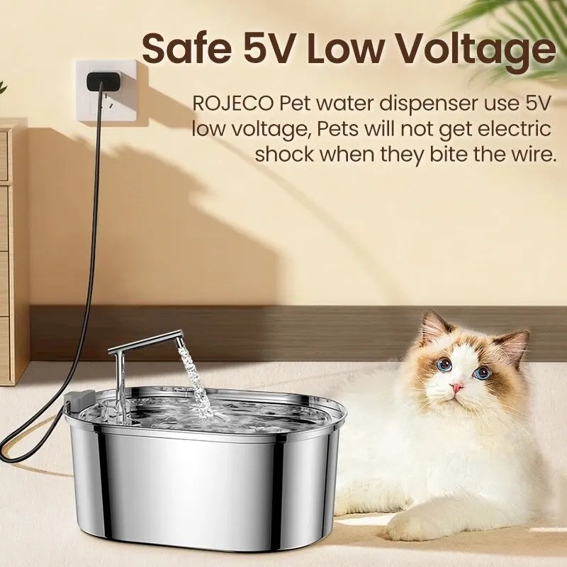 ROJECO Stainless Steel Cat Water Fountain – Auto Drinker with Pump for Cats & Dogs