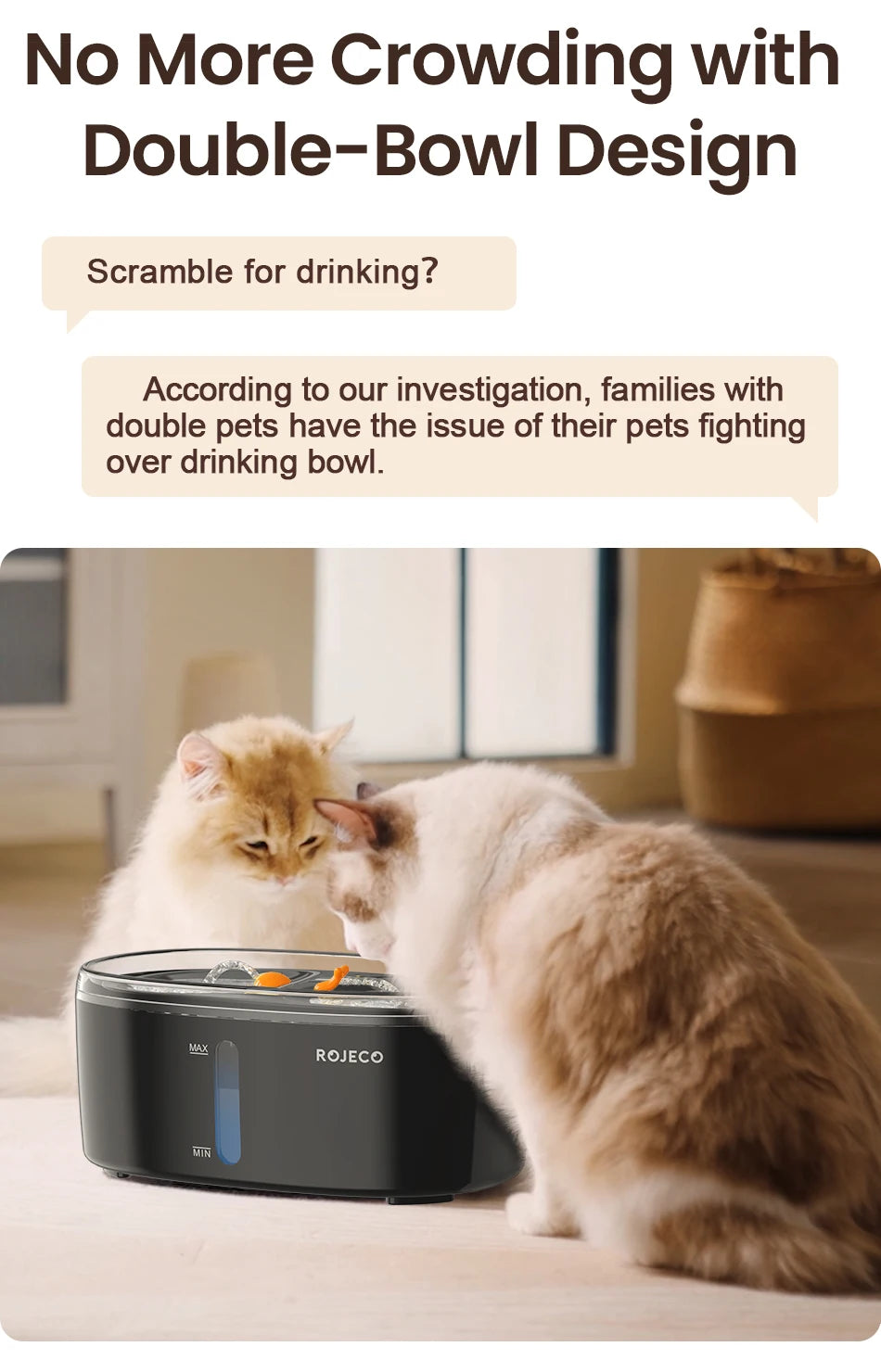 ROJECO 2.5L Cat Water Fountain – Smart Dual Bowl Drinker for Multiple Cats & Kittens