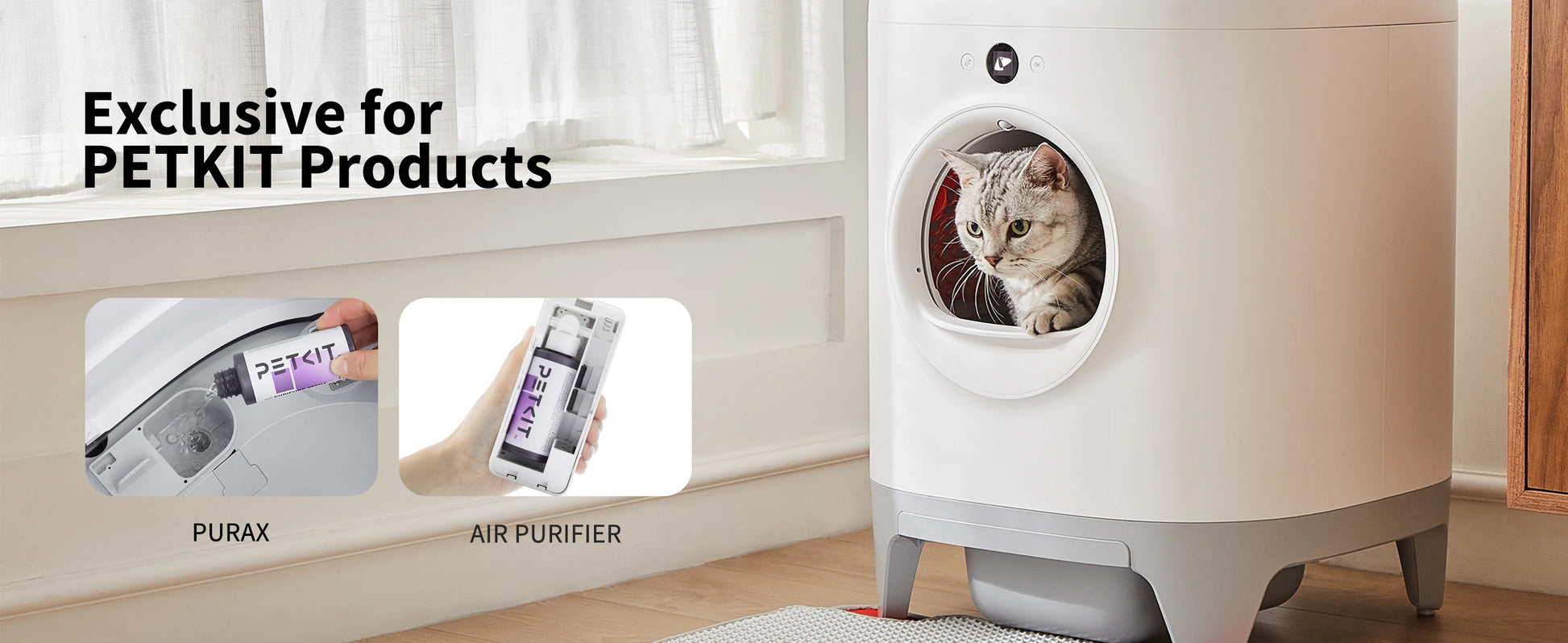 Waggy Tail smart cat litter box deodorizer and air purifying liquid refill bottle for odor control and freshening.
