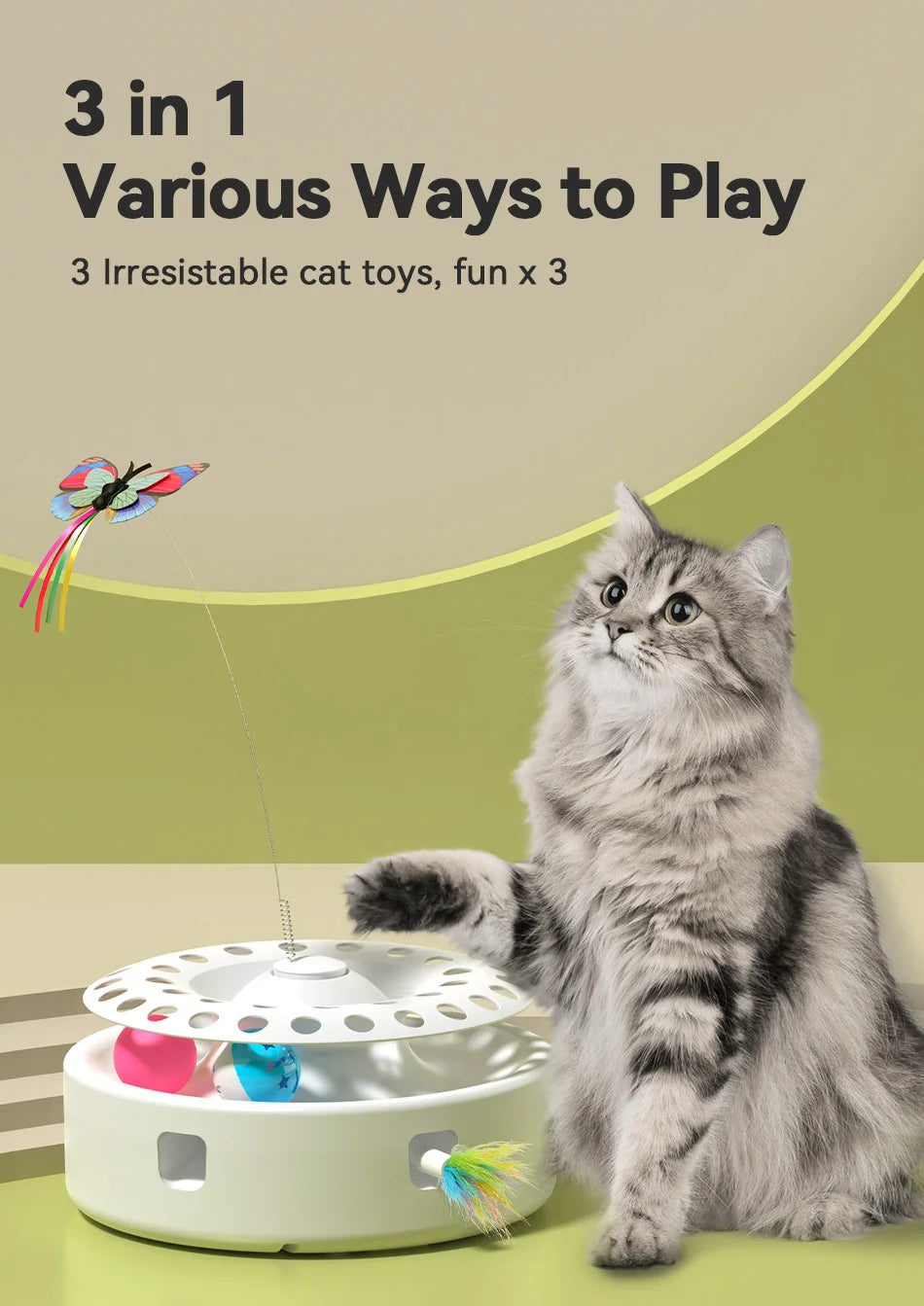 ROJECO 3-in-1 Auto Cat Toy – Butterfly Teaser, Track Balls & Ambush Feather