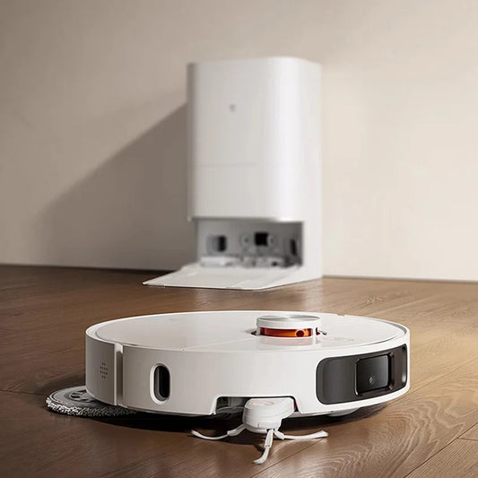 Xiaomi Mijia M40 robot vacuum cleaner with LDS navigation, 12kPa suction, and smart mop lift, shown on a clean floor.