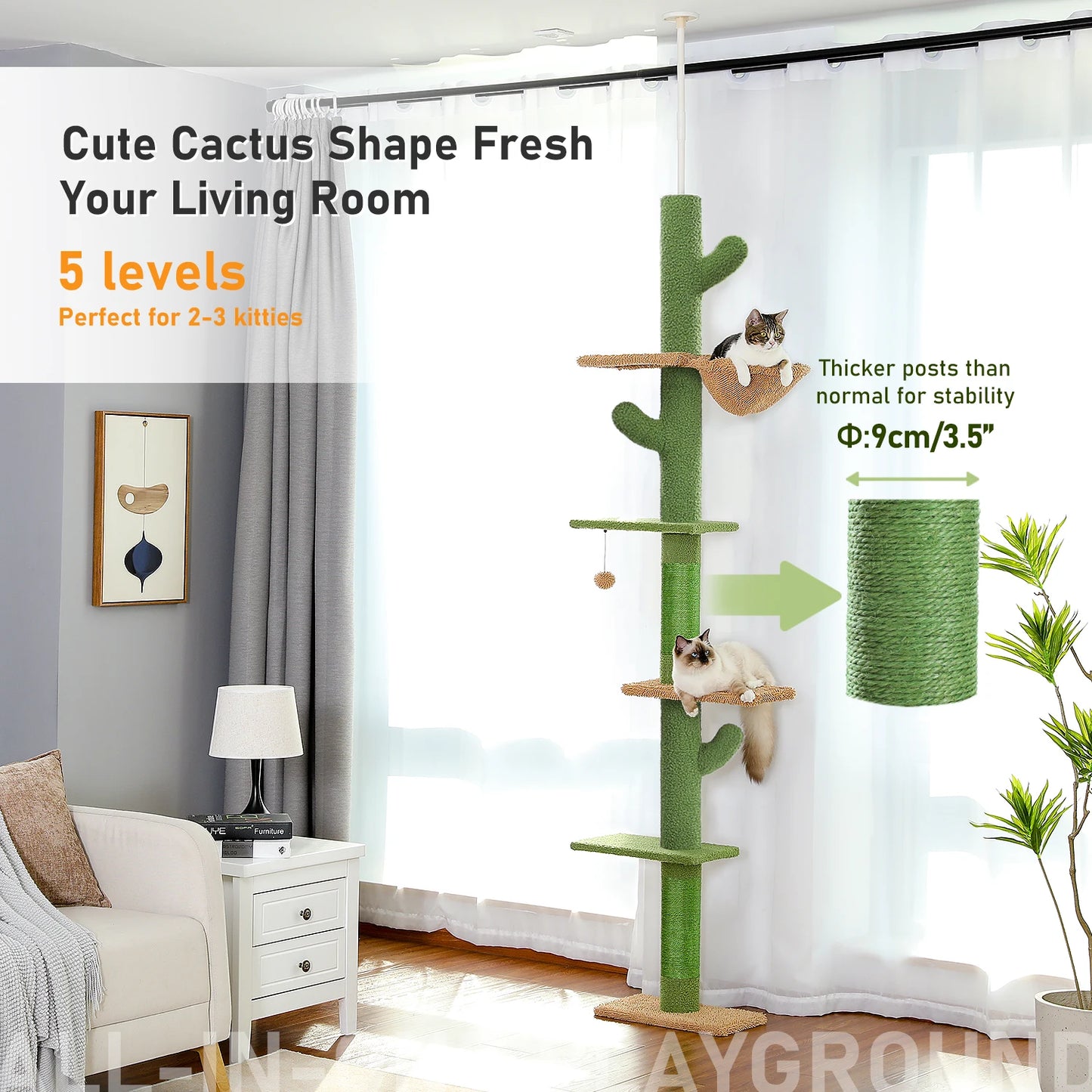 Adjustable Height Cat Tree for Indoor, Floor to Ceiling Cat Tower with Scratching Posts, Cat Condo, Hammock and Dangling Balls