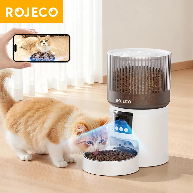Waggy Tail ROJECO 4L Smart WiFi Automatic Cat Feeder with camera, voice recorder, and digital controls for pet feeding.