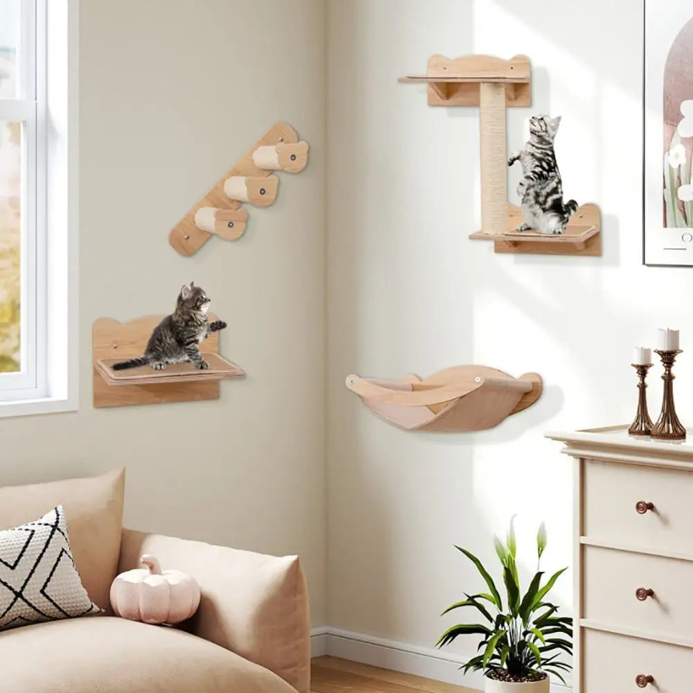 Set of 4 Cat Wall Furniture with 2-Step Cat Tree and Perch Including Hammock Quality Cat Scratcher