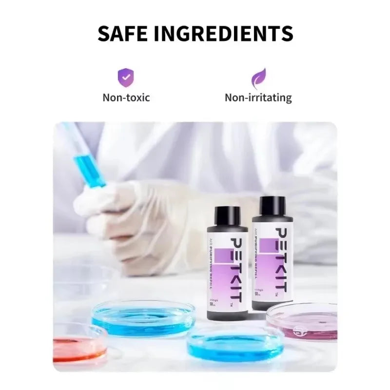 Waggy Tail Smart Cat Litter Box Deodorizer and Air Purifying Liquid refill in a clear bottle with label, designed for odor control.