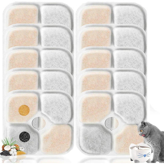 Waggy Tail 12-pack pet water fountain replacement filters with triple action, ion exchange resin, and activated carbon.