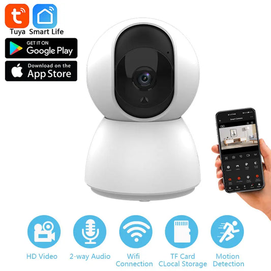Waggy Tail 1080P Tuya Smart WiFi indoor pet and baby monitor camera with auto tracking feature, shown mounted on a wall.