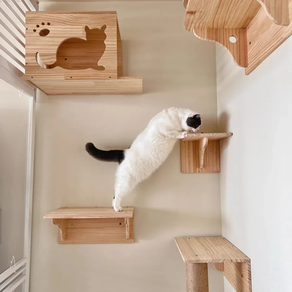 Wooden Cat Tree Tower Cat Climbing Scratching Post Stairs Hammock Hiding House Indoor Playground Cat Walkway Wall Pet Furniture
