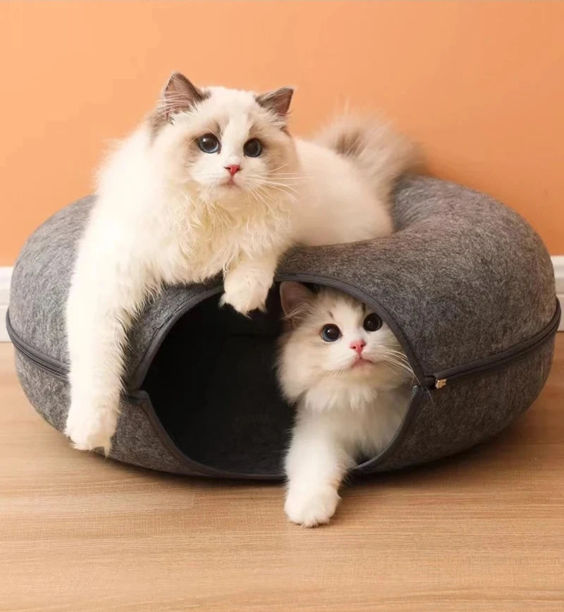 Donut Cat Bed Pet Cat Interactive Game Toy Cat Bed Dual-use Tunnel Bed with Felt Toy Gift for Small Kitten Rabbit