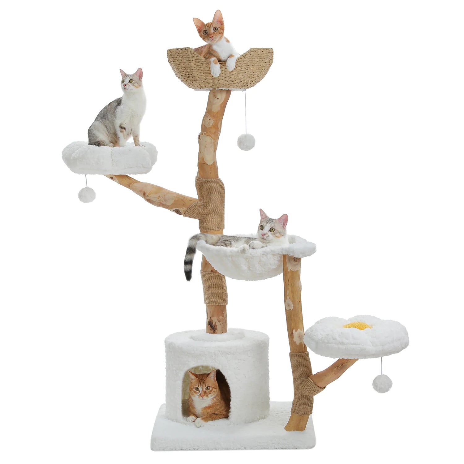 Large Waggy Tail modern cat tree tower with sisal post, wicker basket bed, and flower-shaped condo for feline play and rest.