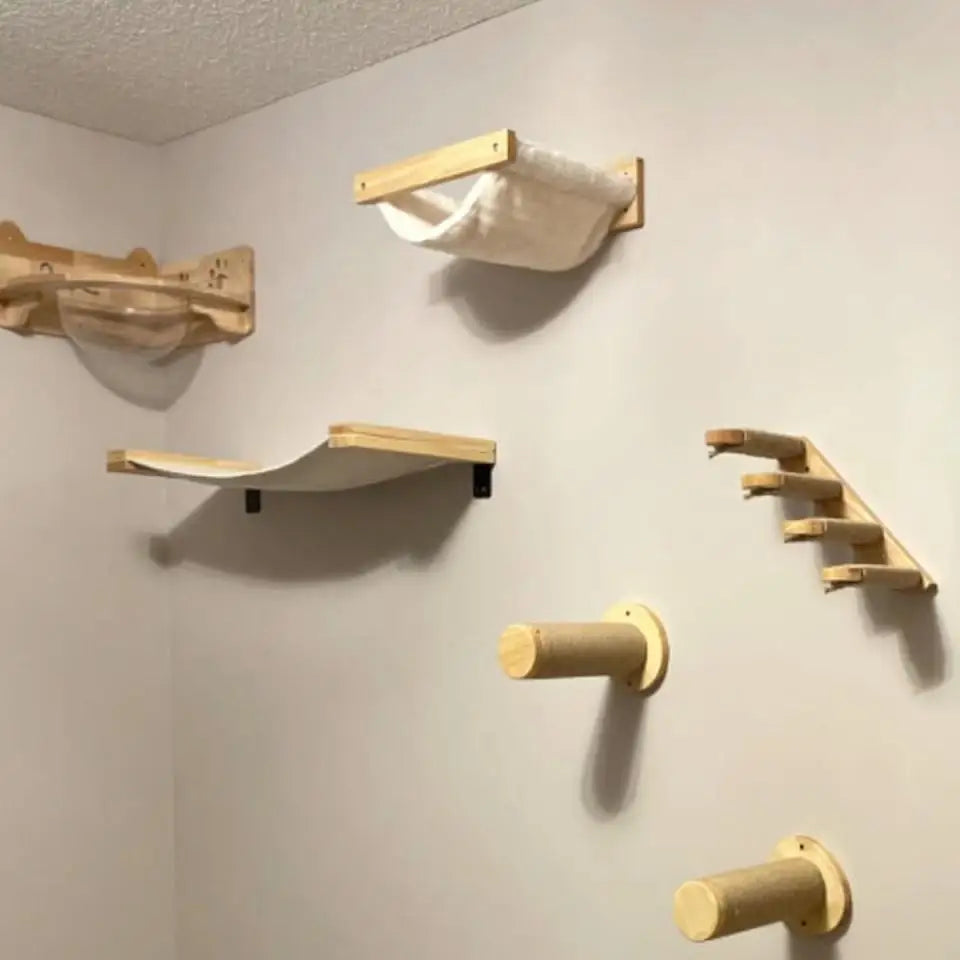 Wooden Cat Tree Tower Cat Climbing Scratching Post Stairs Hammock Hiding House Indoor Playground Cat Walkway Wall Pet Furniture