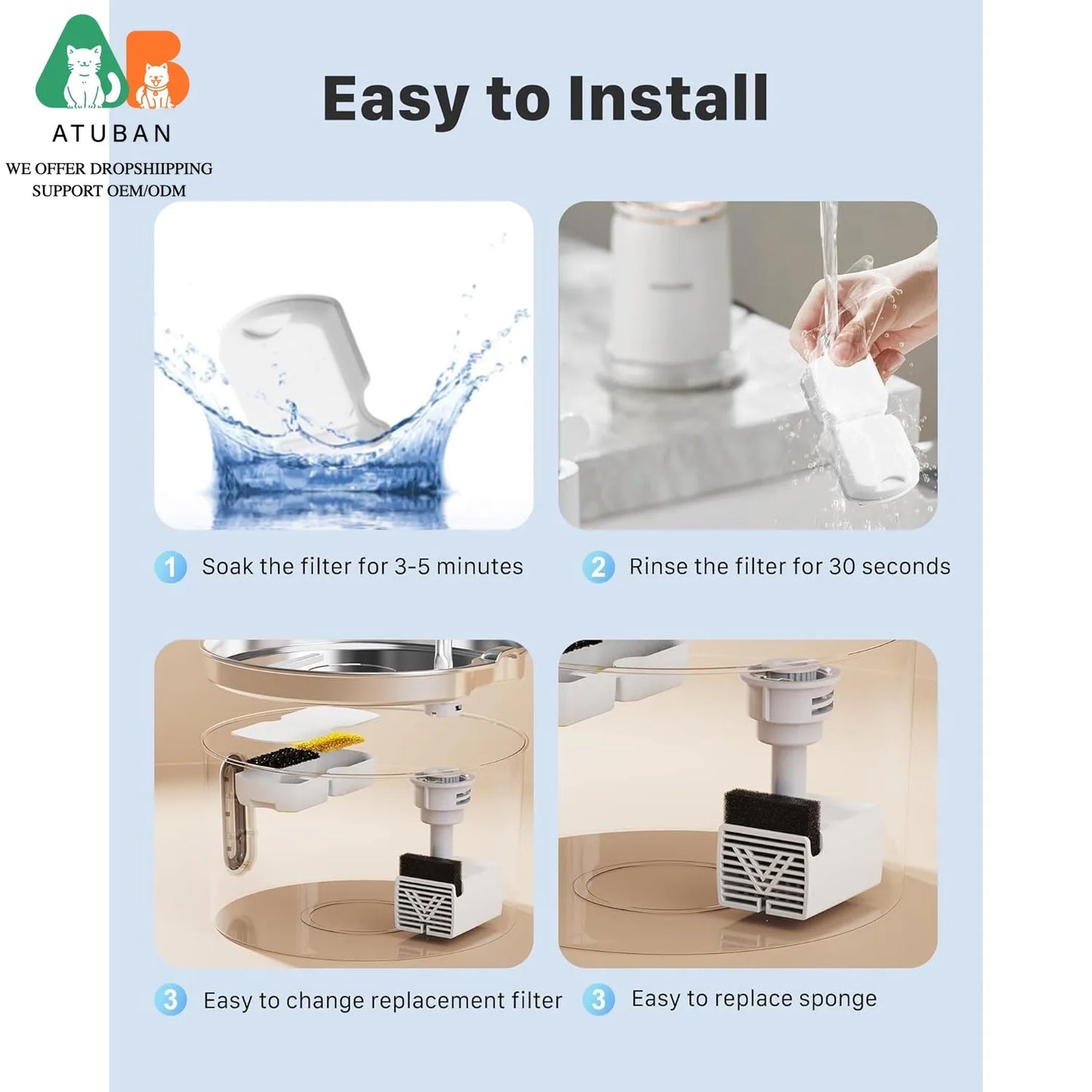 Cat Water Fountain Filter:Pet Fountain Replacement Screen for Stainless Steel-Carbon Filters&Foam Filters for Cat Water Fountain
