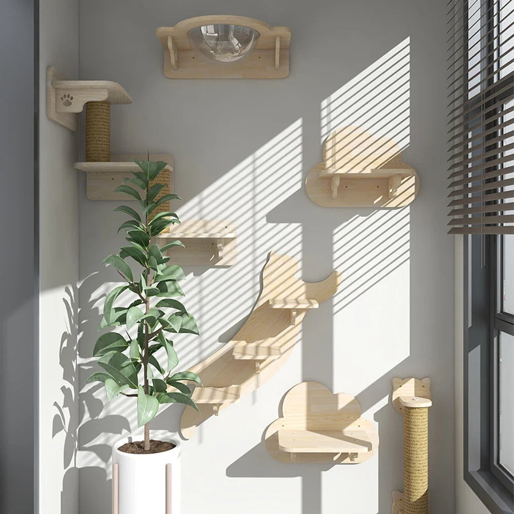 Wall-Mounted Cat Climbing Shelves with Hammock & Steps