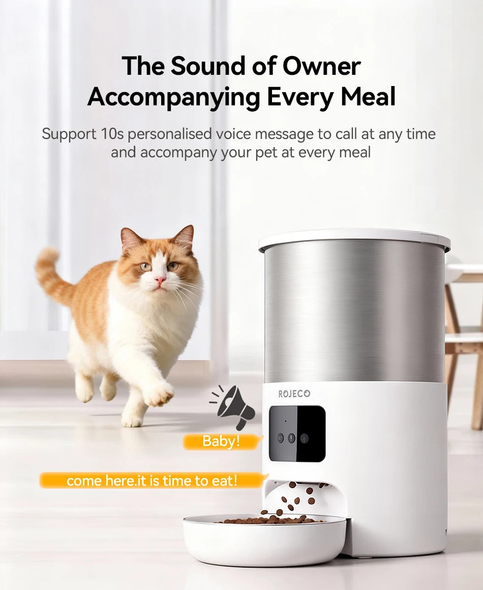 ROJECO Stainless Steel Auto Cat Feeder – WiFi App, Voice Recorder, Smart Dispenser