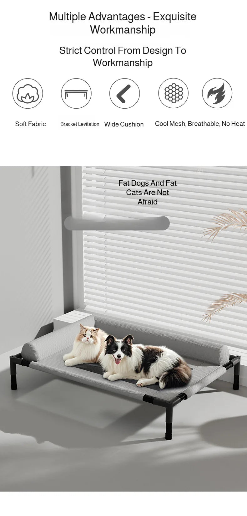 Waggy Tail elevated breathable mesh pet bed with moisture-proof design, large off-ground camp bed for dogs and cats.