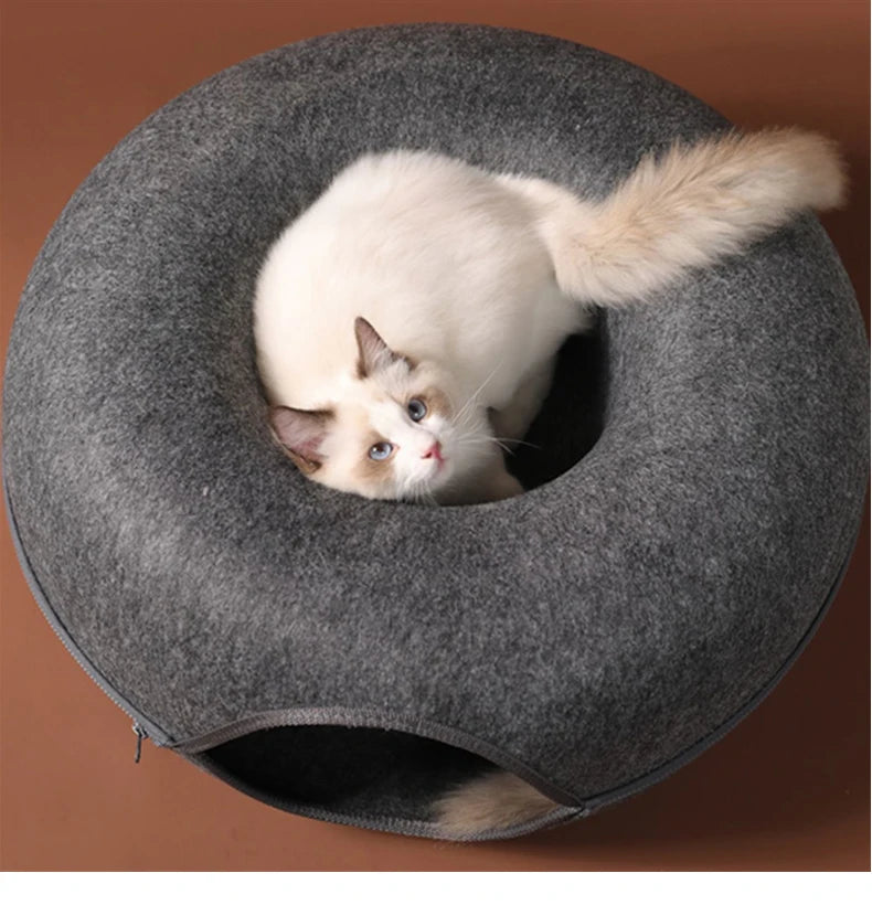 Round Felt Cat Tunnel Donut Bed with Scratcher
