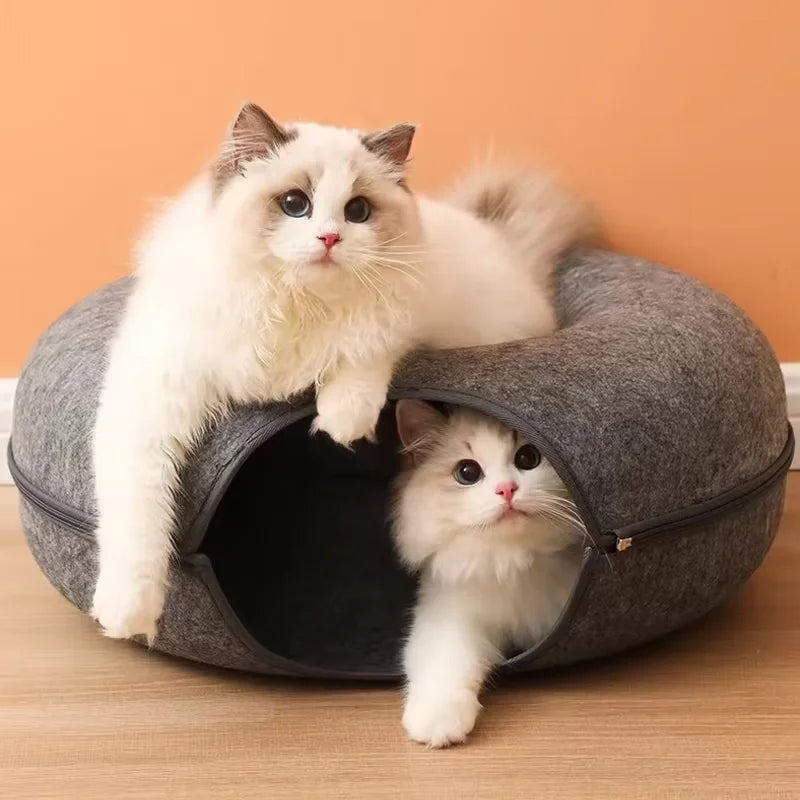Round Felt Cat Tunnel Donut Bed with Scratcher