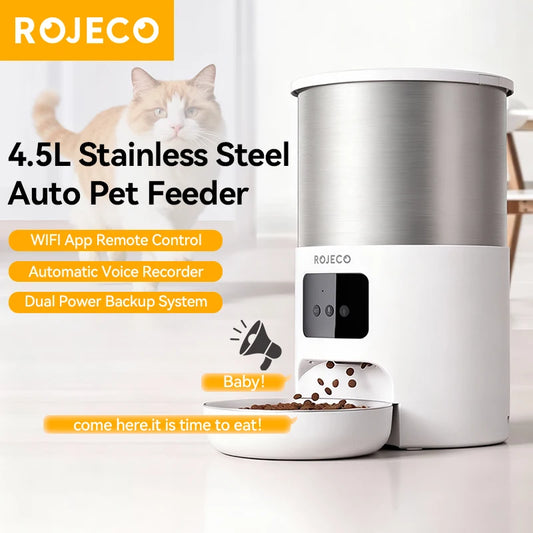 ROJECO Stainless Steel Auto Cat Feeder – WiFi App, Voice Recorder, Smart Dispenser
