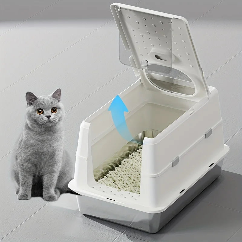 Stainless Steel Cat Litter Box – Flip Cover, Non-Slip Mat