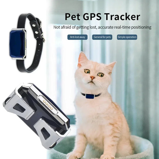 Waterproof GPRS GPS pet tracker collar for cats and dogs by Waggy Tail, showing the sleek black collar with GPS device attachment.