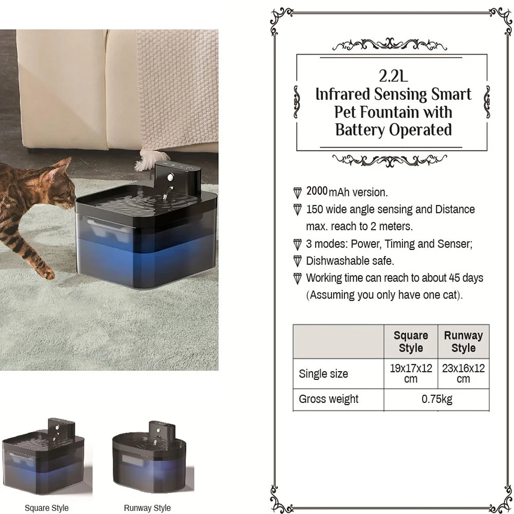 2.2L Wireless Cat Water Fountain Battery Operated Automatic Pet Water Fountain With Motion Sensor Dog Cat Water Dispenser Bowl