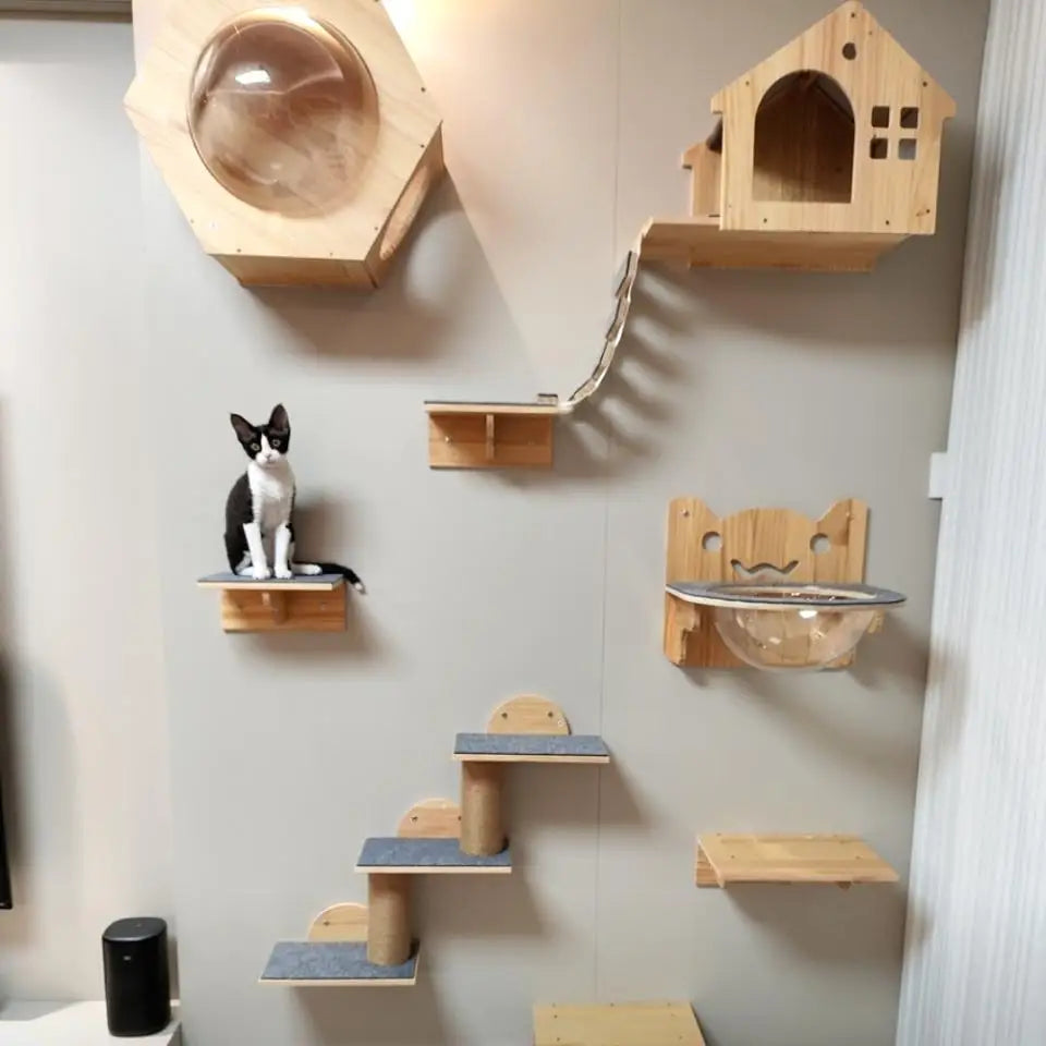 Wooden Cat Tree Tower Cat Climbing Scratching Post Stairs Hammock Hiding House Indoor Playground Cat Walkway Wall Pet Furniture