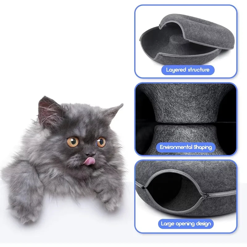 Round Felt Cat Tunnel Donut Bed with Scratcher