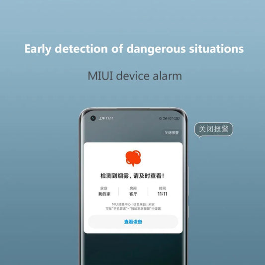 Xiaomi Honeywell Smart Smoke Detector with fire alarm, Bluetooth, and app control, featuring visual and audible alerts.
